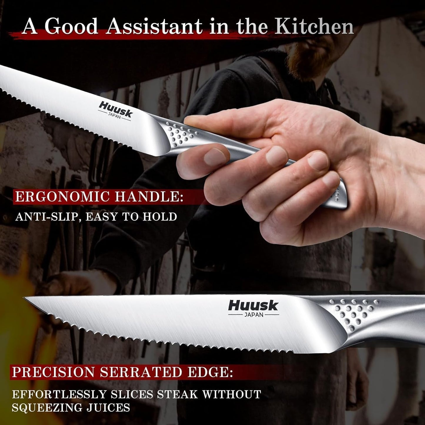 Huusk Steak Knives Set of 8, 4.5 Inch Serrated Stainless Steel Dinner Knife | Razor-Sharp Japanese One-piece Steak Knife Set with Silver Handle, Easy to Clean & Hand Wash, Includes Gift Box