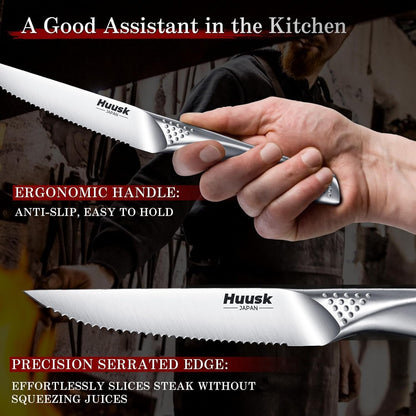 Huusk Steak Knives Set of 8, 4.5 Inch Serrated Stainless Steel Dinner Knife | Razor-Sharp Japanese One-piece Steak Knife Set with Silver Handle, Easy to Clean & Hand Wash, Includes Gift Box