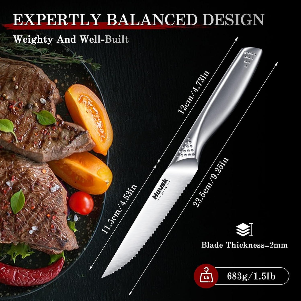 Huusk Steak Knives Set of 8, 4.5 Inch Serrated Stainless Steel Dinner Knife | Razor-Sharp Japanese One-piece Steak Knife Set with Silver Handle, Easy to Clean & Hand Wash, Includes Gift Box