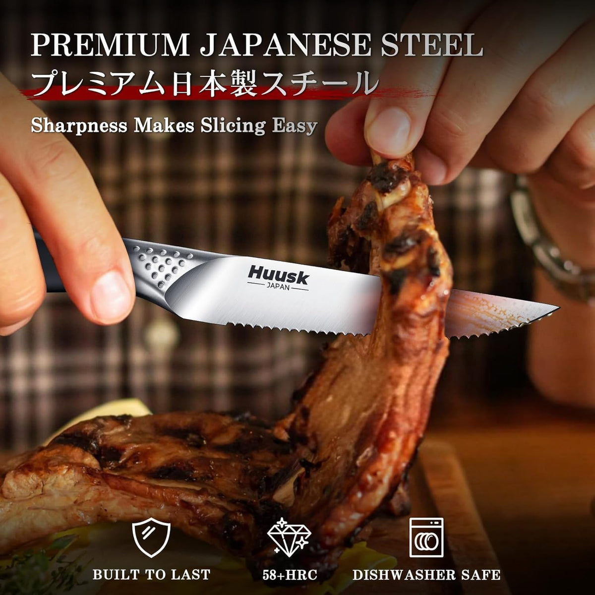 Huusk Steak Knives Set of 8, 4.5 Inch Serrated Stainless Steel Dinner Knife | Razor-Sharp Japanese One-piece Steak Knife Set with Silver Handle, Easy to Clean & Hand Wash, Includes Gift Box