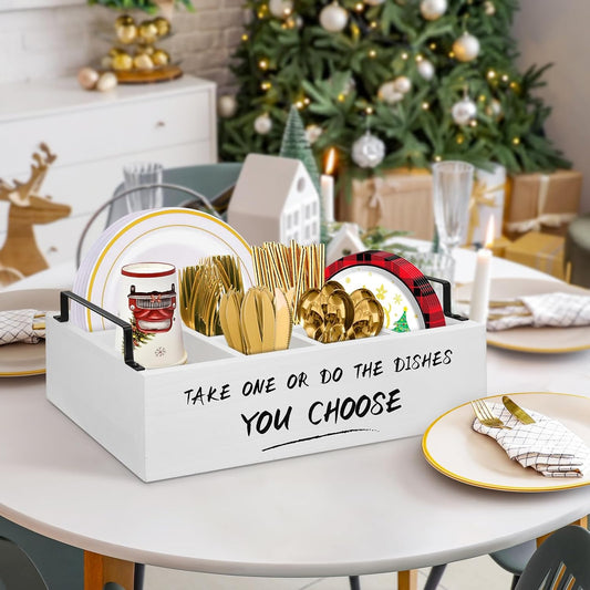 Ameuphercy Wood Paper Plate Holders for Kitchen Counter,Paper Plate Dispenser for Countertop, Rustic Silverware Utensil Caddy for Party,Wooden Plate Organizer Box for Cups Spoons and Forks