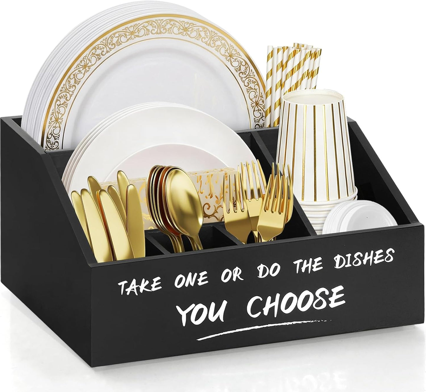 Ameuphercy Wood Paper Plate Holders for Kitchen Counter,Paper Plate Dispenser for Countertop, Rustic Silverware Utensil Caddy for Party,Wooden Plate Organizer Box for Cups Spoons and Forks