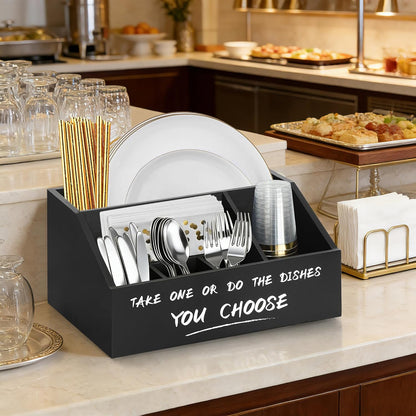 Ameuphercy Wood Paper Plate Holders for Kitchen Counter,Paper Plate Dispenser for Countertop, Rustic Silverware Utensil Caddy for Party,Wooden Plate Organizer Box for Cups Spoons and Forks