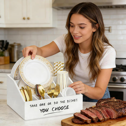 Ameuphercy Wood Paper Plate Holders for Kitchen Counter,Paper Plate Dispenser for Countertop, Rustic Silverware Utensil Caddy for Party,Wooden Plate Organizer Box for Cups Spoons and Forks