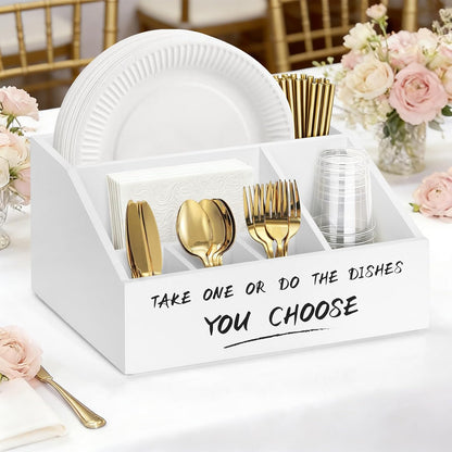 Ameuphercy Wood Paper Plate Holders for Kitchen Counter,Paper Plate Dispenser for Countertop, Rustic Silverware Utensil Caddy for Party,Wooden Plate Organizer Box for Cups Spoons and Forks