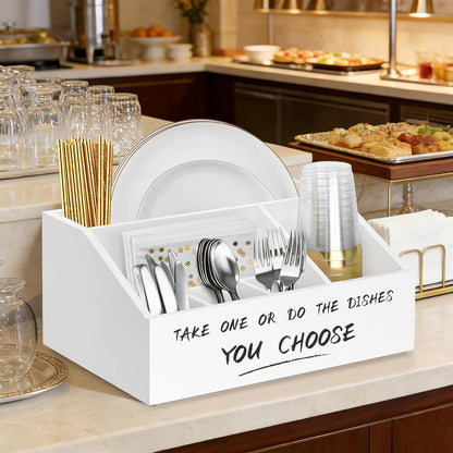 Ameuphercy Wood Paper Plate Holders for Kitchen Counter,Paper Plate Dispenser for Countertop, Rustic Silverware Utensil Caddy for Party,Wooden Plate Organizer Box for Cups Spoons and Forks