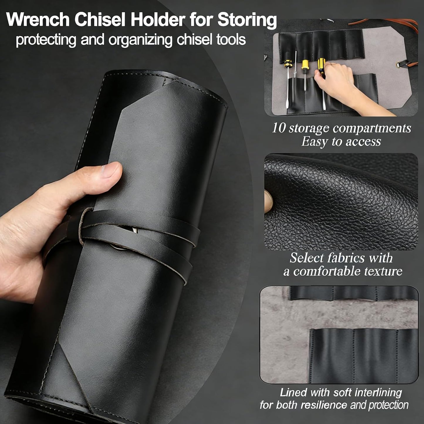 Tool Roll Pouch PU Leather Portable Roll-Up Storage Bag for Hand Tool | Chisel Roll Organizer, Wrench Roll Up Pouch, Workshop Storage Tool Wrap, 10 Slots For Mechanic Carpenter Craftsman