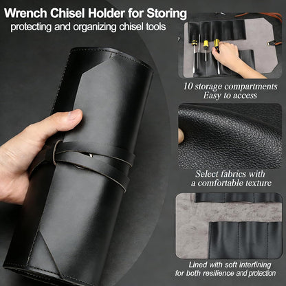 Tool Roll Pouch PU Leather Portable Roll-Up Storage Bag for Hand Tool | Chisel Roll Organizer, Wrench Roll Up Pouch, Workshop Storage Tool Wrap, 10 Slots For Mechanic Carpenter Craftsman
