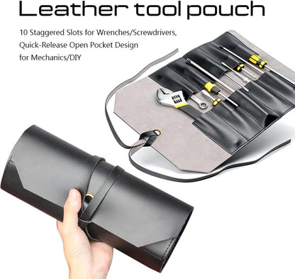 Tool Roll Pouch PU Leather Portable Roll-Up Storage Bag for Hand Tool | Chisel Roll Organizer, Wrench Roll Up Pouch, Workshop Storage Tool Wrap, 10 Slots For Mechanic Carpenter Craftsman