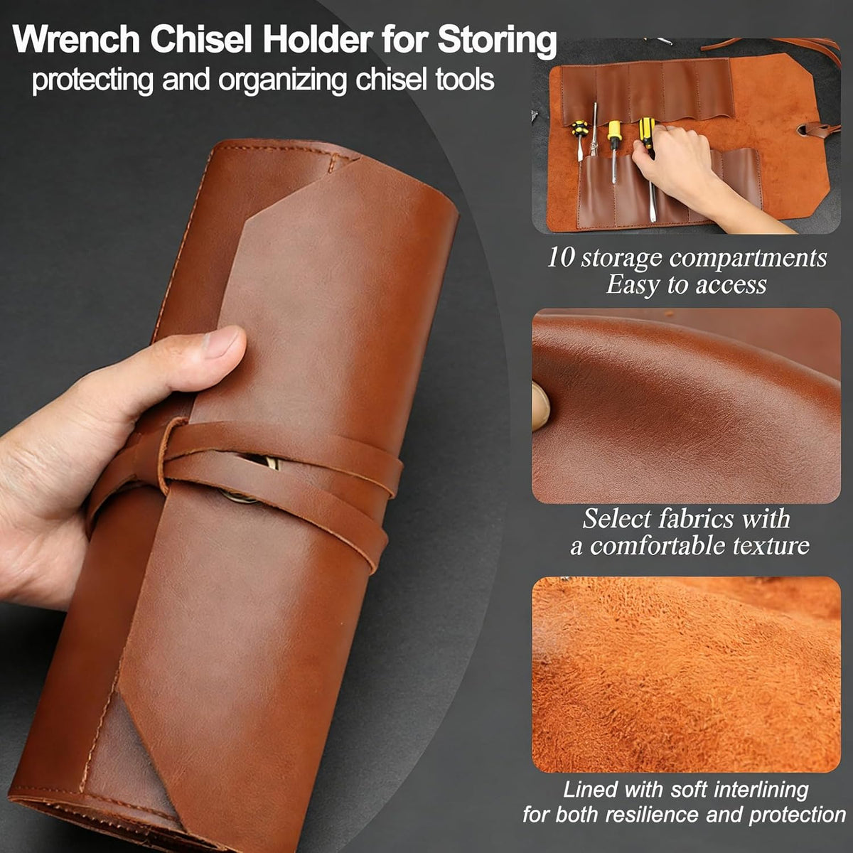 Tool Roll Pouch PU Leather Portable Roll-Up Storage Bag for Hand Tool | Chisel Roll Organizer, Wrench Roll Up Pouch, Workshop Storage Tool Wrap, 10 Slots For Mechanic Carpenter Craftsman