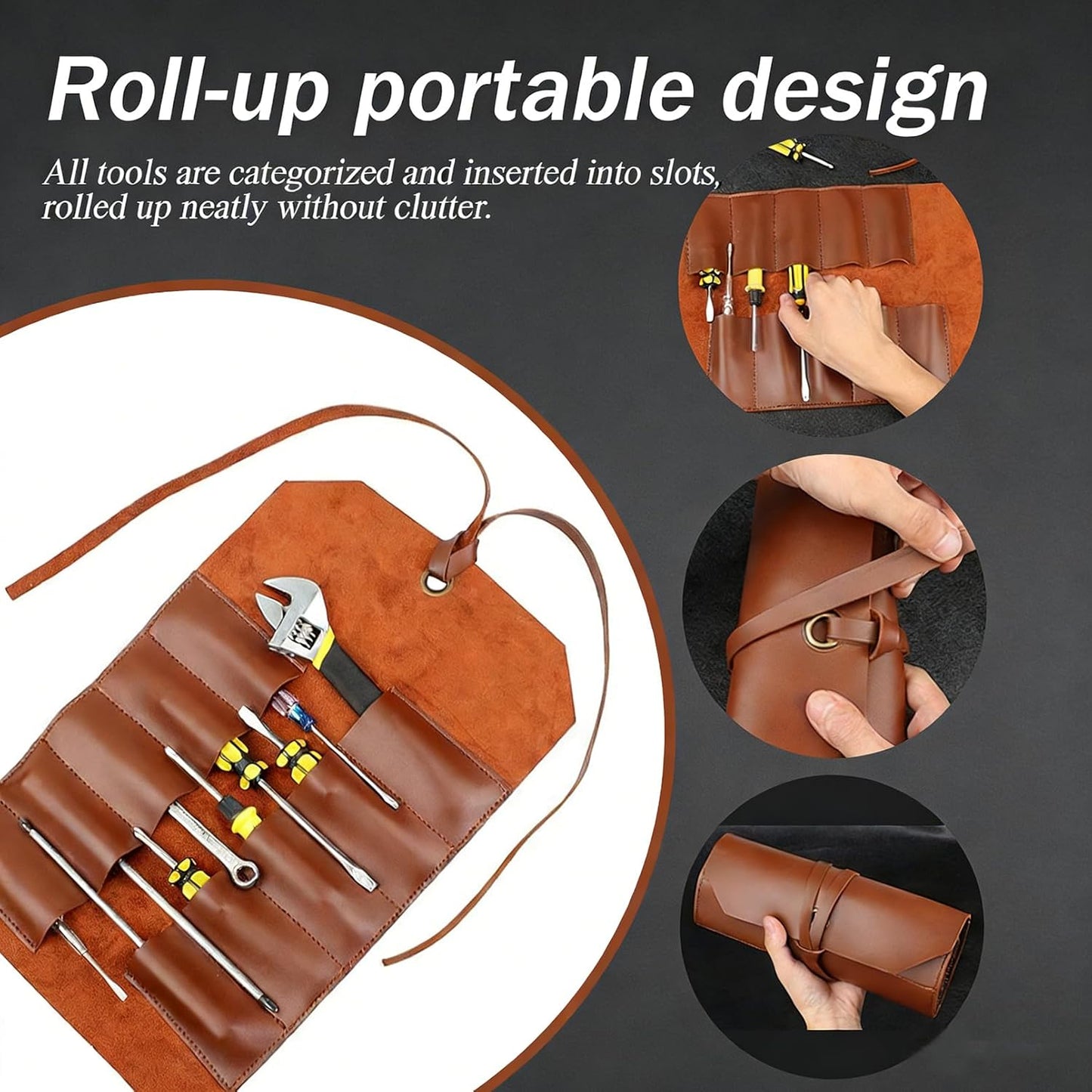 Tool Roll Pouch PU Leather Portable Roll-Up Storage Bag for Hand Tool | Chisel Roll Organizer, Wrench Roll Up Pouch, Workshop Storage Tool Wrap, 10 Slots For Mechanic Carpenter Craftsman
