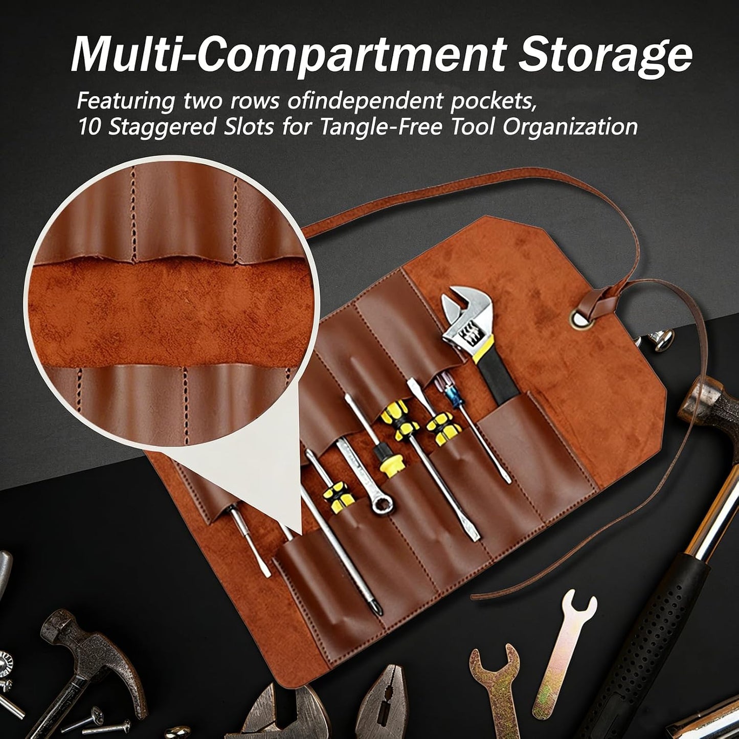 Tool Roll Pouch PU Leather Portable Roll-Up Storage Bag for Hand Tool | Chisel Roll Organizer, Wrench Roll Up Pouch, Workshop Storage Tool Wrap, 10 Slots For Mechanic Carpenter Craftsman
