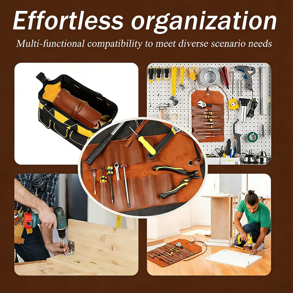 Tool Roll Pouch PU Leather Portable Roll-Up Storage Bag for Hand Tool | Chisel Roll Organizer, Wrench Roll Up Pouch, Workshop Storage Tool Wrap, 10 Slots For Mechanic Carpenter Craftsman
