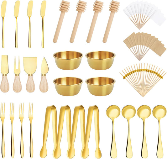 98Pcs Charcuterie Boards Accessories, Gold Stainless Steel Utensil | Butter Spreader, Cheese Knives, Mini Tongs, Spoons, Forks, Dipping Bowls & Toothpick Flags for Pastry, Wedding Xmas Party