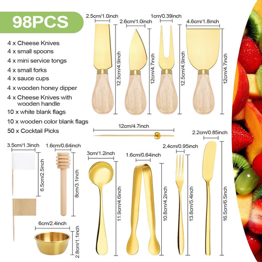 98Pcs Charcuterie Boards Accessories, Gold Stainless Steel Utensil | Butter Spreader, Cheese Knives, Mini Tongs, Spoons, Forks, Dipping Bowls & Toothpick Flags for Pastry, Wedding Xmas Party