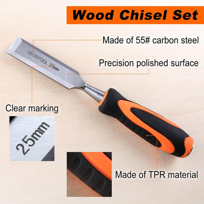 10 Pieces Wood Chisel Set Wood Carving Chisels Set with Storage Case for Woodworking, 6pcs Wood Chisel with 1 Honing Guide, 1 Sharpening Stone and 2 Carpenter Pencils, Wood Working Tools