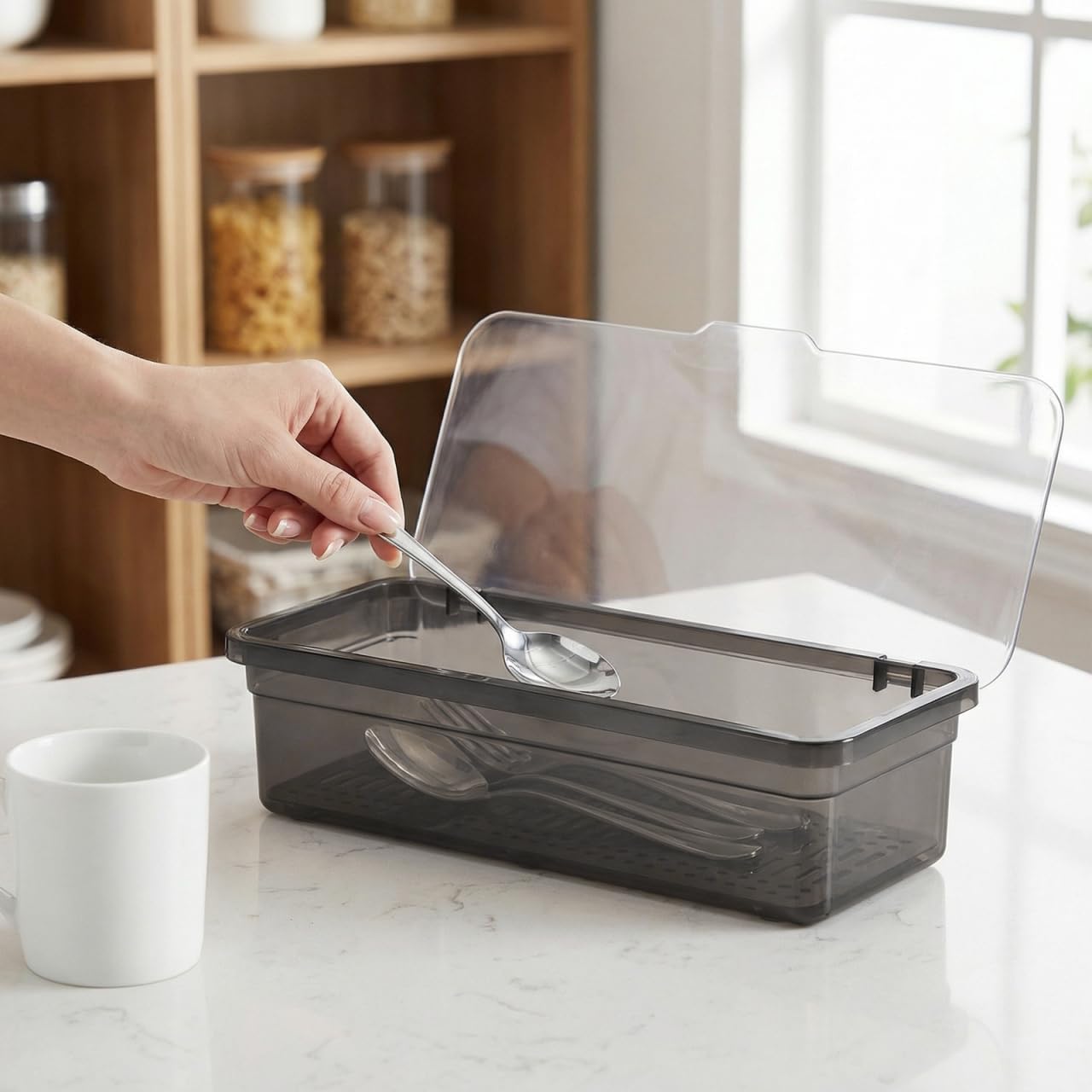 3Pcs Flatware Tray with Lid and Drainer, Plastic Silverware Drawer Organizer, Dustproof Cutlery Tray for Spoons Forks Knives Chopsticks, Kitchen Utensil Storage Container