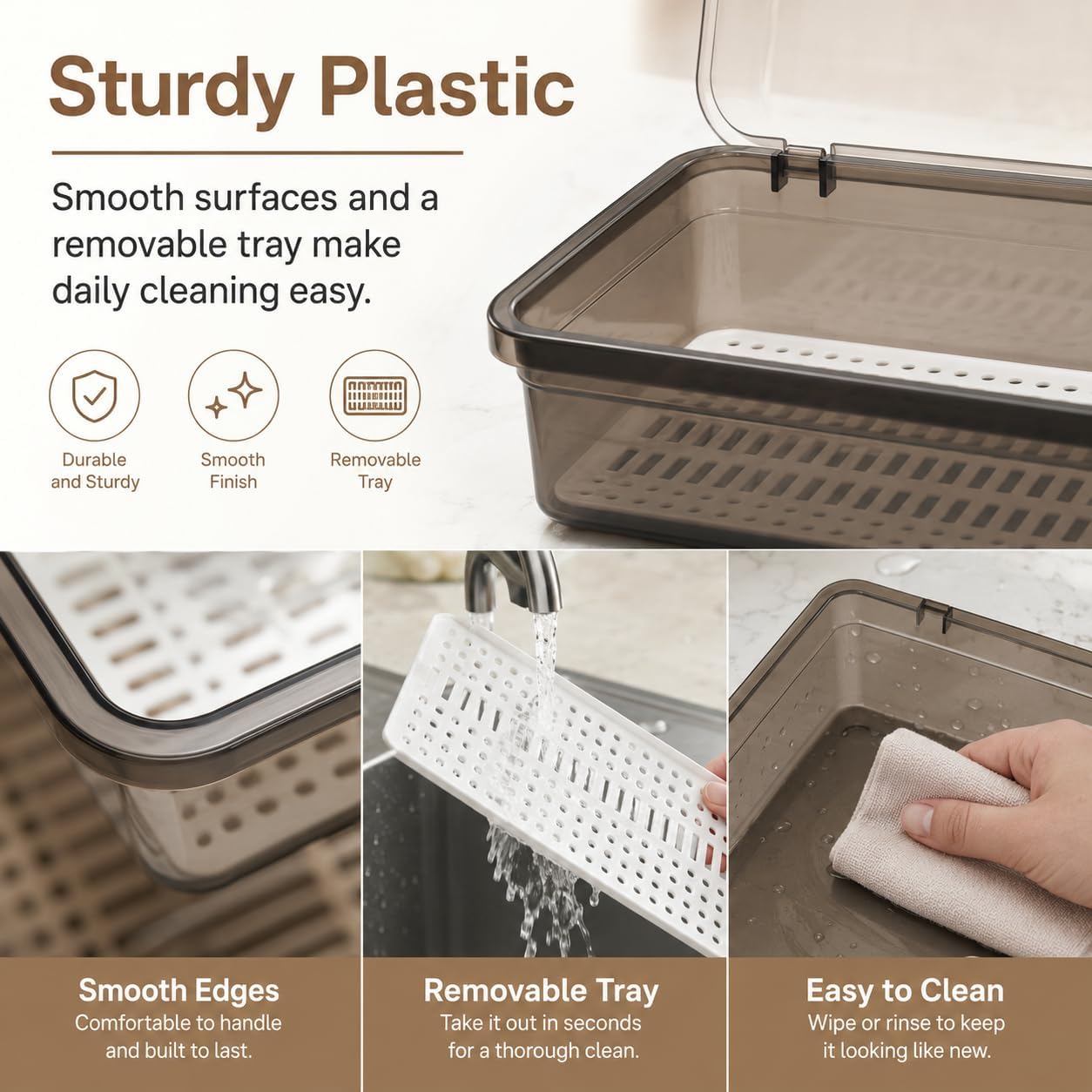 3Pcs Flatware Tray with Lid and Drainer, Plastic Silverware Drawer Organizer, Dustproof Cutlery Tray for Spoons Forks Knives Chopsticks, Kitchen Utensil Storage Container