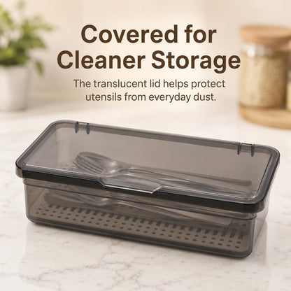 3Pcs Flatware Tray with Lid and Drainer, Plastic Silverware Drawer Organizer, Dustproof Cutlery Tray for Spoons Forks Knives Chopsticks, Kitchen Utensil Storage Container