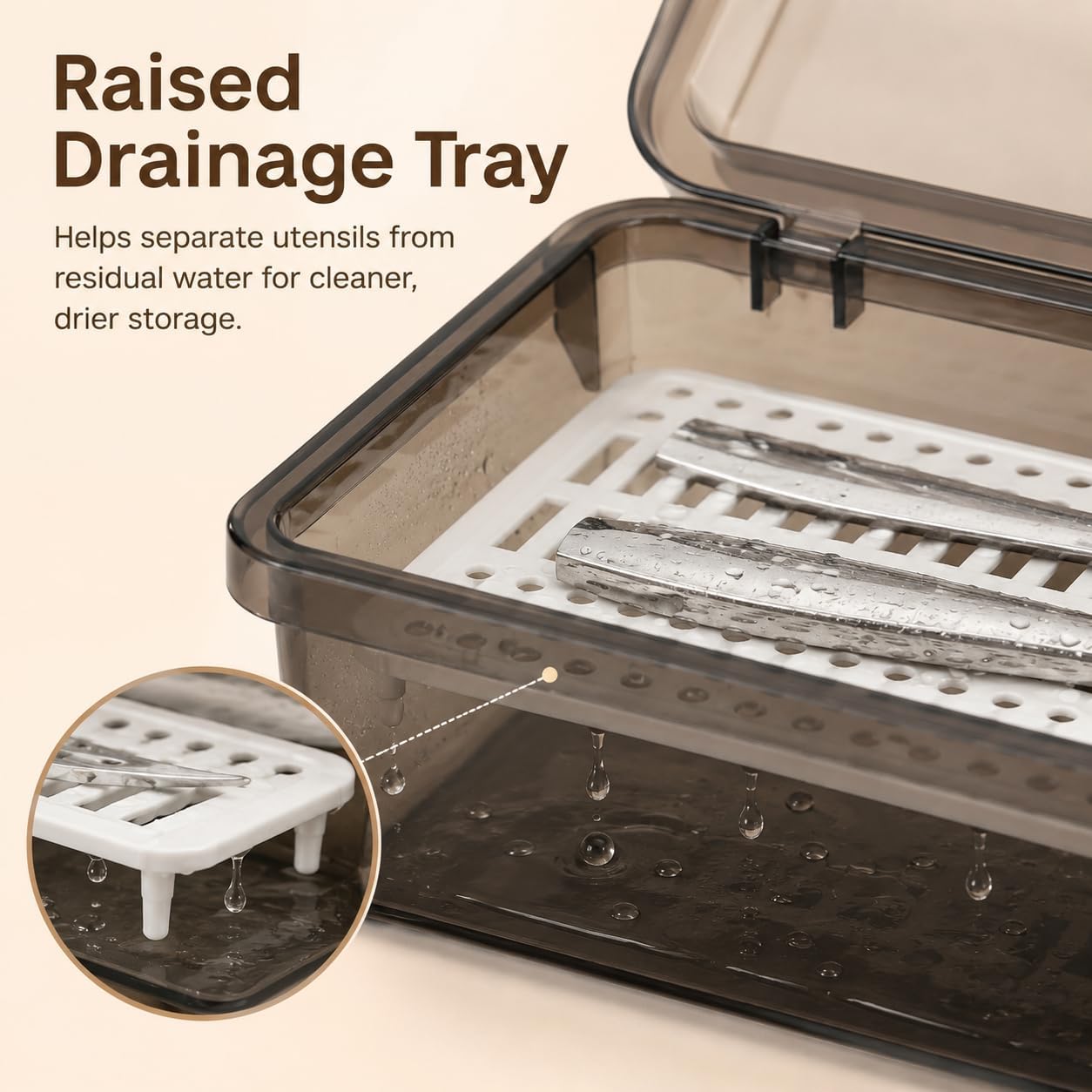 3Pcs Flatware Tray with Lid and Drainer, Plastic Silverware Drawer Organizer, Dustproof Cutlery Tray for Spoons Forks Knives Chopsticks, Kitchen Utensil Storage Container