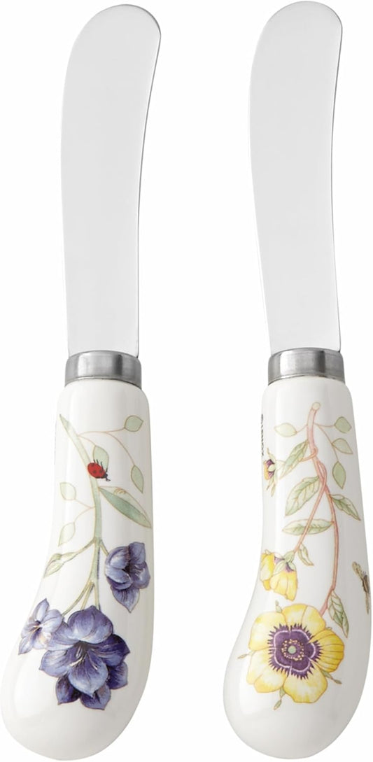 Silverware Set, Butterfly Meadow 2-Piece Spreader Set, 18/10 Stainless Steel, Dishwasher Safe, Porcelain Handles, Butter Knife, Cheese Spreader, Home And Kitchen Utensils Sets (Silver, 2 Piece)