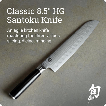 Classic 8.5" Hollow Ground Santoku Knife, Damascus, Pakkawood | Handcrafted Japanese All Purpose Knife, VG-MAX Core with Damascus Stainless Steel Cladding, Pakkawood Handle