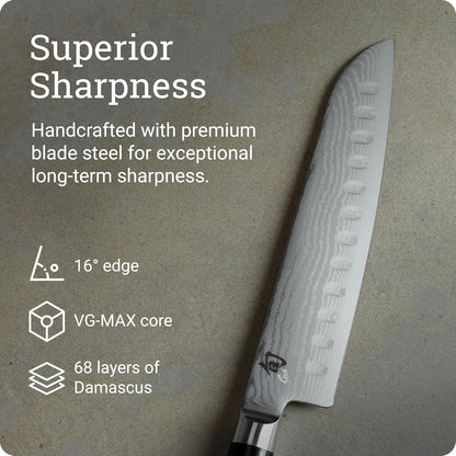 Classic 8.5" Hollow Ground Santoku Knife, Damascus, Pakkawood | Handcrafted Japanese All Purpose Knife, VG-MAX Core with Damascus Stainless Steel Cladding, Pakkawood Handle