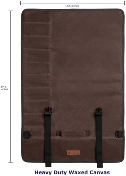 Chef Knife Roll Bag – 12oz Water-Resistant Waxed Canvas – Heavy-Duty Portable Knife Case with 11 Slots for Cleavers, Carving Knives & Chef Tools – Bonus Oven Mitts Included (Brown)