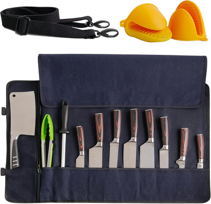 Chef Knife Roll Bag – 12oz Water-Resistant Waxed Canvas – Heavy-Duty Portable Knife Case with 11 Slots for Cleavers, Carving Knives & Chef Tools – Bonus Oven Mitts Included (Brown)