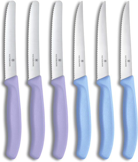 Swiss Classic, Tomato & Steak Knife Set, 6-piece, sharp blade, serrated edge, 4.3 Inch, stainless steel, Lavender, Sky Blue