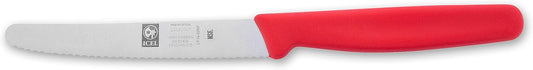 4.25 Inch Serrated Edge Steak Knife, High Carbon German Stainless Steel Razor Sharp Blade, Textured Non-Slip Red Polypropylene Handle
