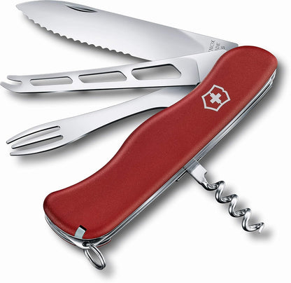 Cheese Master Swiss Made Pocket Knife with Fondue Fork, Red | Compact folding knife features 8 functions including wavy edge lock blade, cheese blade, and integrated fondue fork.
