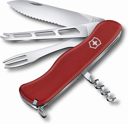 Cheese Master Swiss Made Pocket Knife with Fondue Fork, Red | Compact folding knife features 8 functions including wavy edge lock blade, cheese blade, and integrated fondue fork.