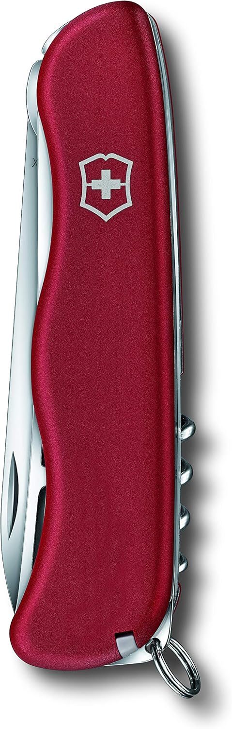 Cheese Master Swiss Made Pocket Knife with Fondue Fork, Red | Compact folding knife features 8 functions including wavy edge lock blade, cheese blade, and integrated fondue fork.