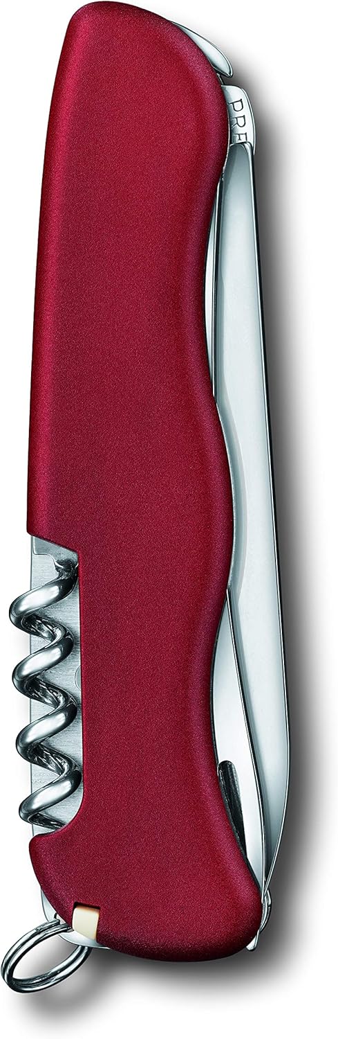 Cheese Master Swiss Made Pocket Knife with Fondue Fork, Red | Compact folding knife features 8 functions including wavy edge lock blade, cheese blade, and integrated fondue fork.