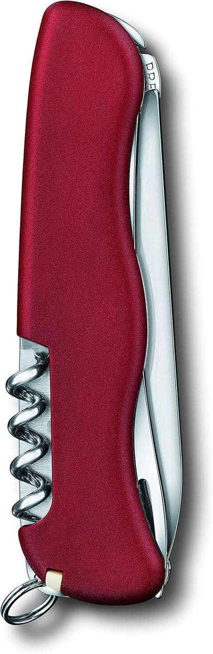 Cheese Master Swiss Made Pocket Knife with Fondue Fork, Red | Compact folding knife features 8 functions including wavy edge lock blade, cheese blade, and integrated fondue fork.