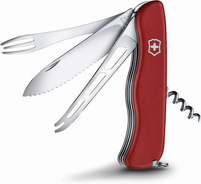 Cheese Master Swiss Made Pocket Knife with Fondue Fork, Red | Compact folding knife features 8 functions including wavy edge lock blade, cheese blade, and integrated fondue fork.