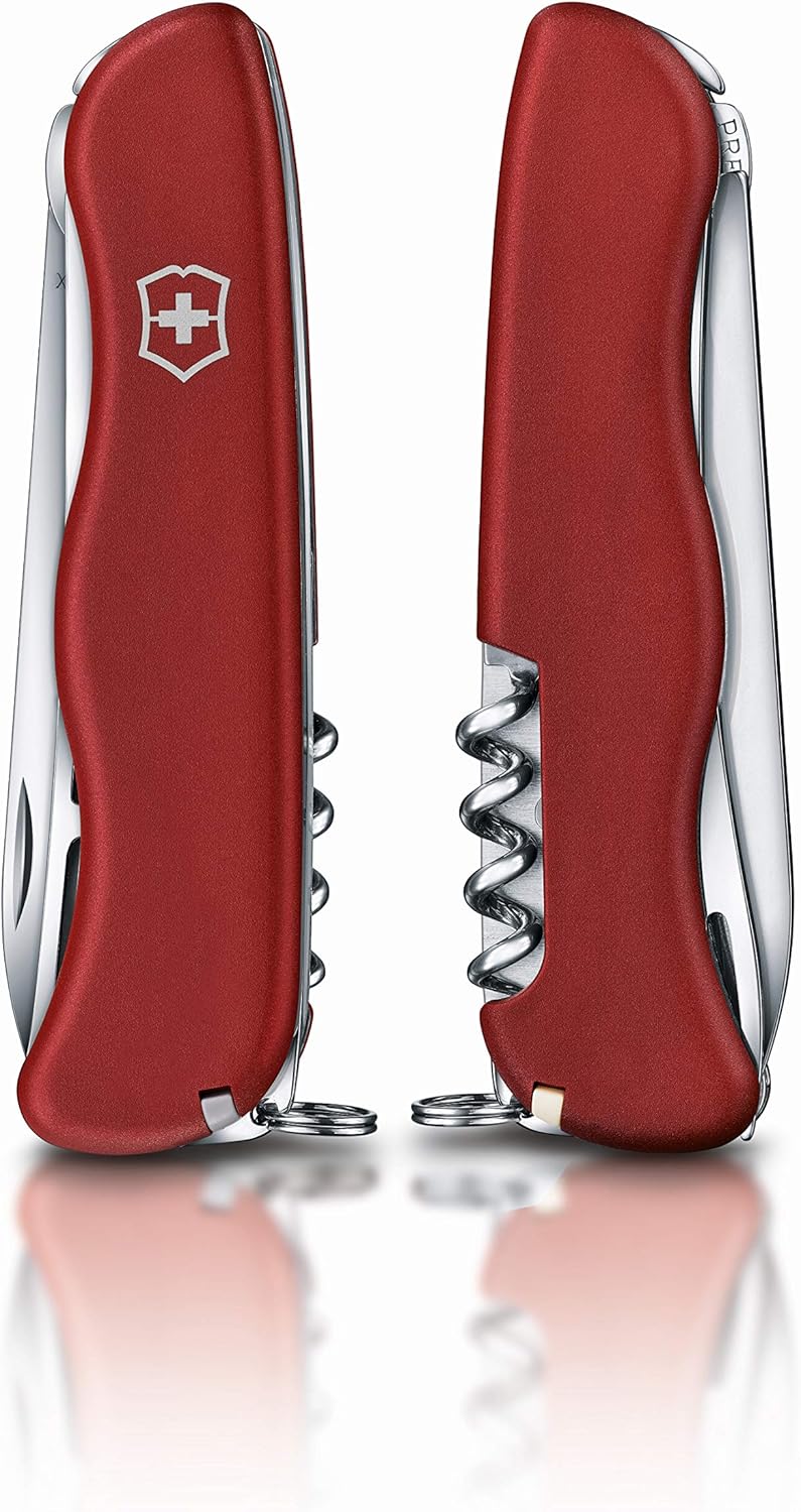 Cheese Master Swiss Made Pocket Knife with Fondue Fork, Red | Compact folding knife features 8 functions including wavy edge lock blade, cheese blade, and integrated fondue fork.