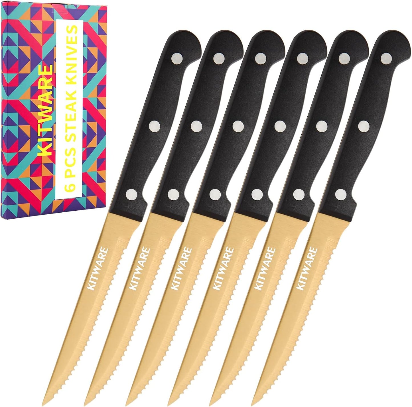 Gold Steak Knives Set of 6 pcs with Gift Box, 4.5 inch Stainless Steel Steak sets, Serrated Edge Metal Knife Sets for Dinner Table, Knife for Barbeque, Picnic, Camping, Hiking