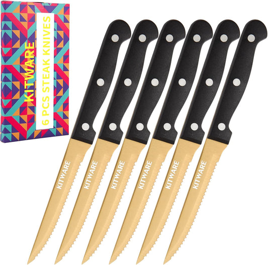 Gold Steak Knives Set of 6 pcs with Gift Box, 4.5 inch Stainless Steel Steak sets, Serrated Edge Metal Knife Sets for Dinner Table, Knife for Barbeque, Picnic, Camping, Hiking