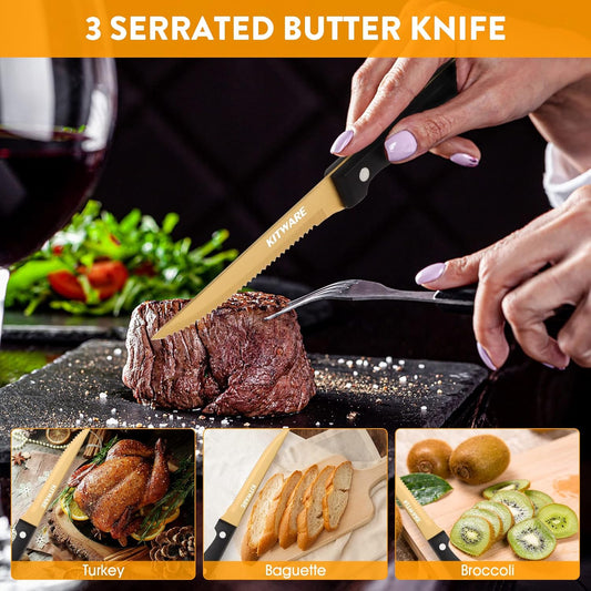 Gold Steak Knives Set of 6 pcs with Gift Box, 4.5 inch Stainless Steel Steak sets, Serrated Edge Metal Knife Sets for Dinner Table, Knife for Barbeque, Picnic, Camping, Hiking