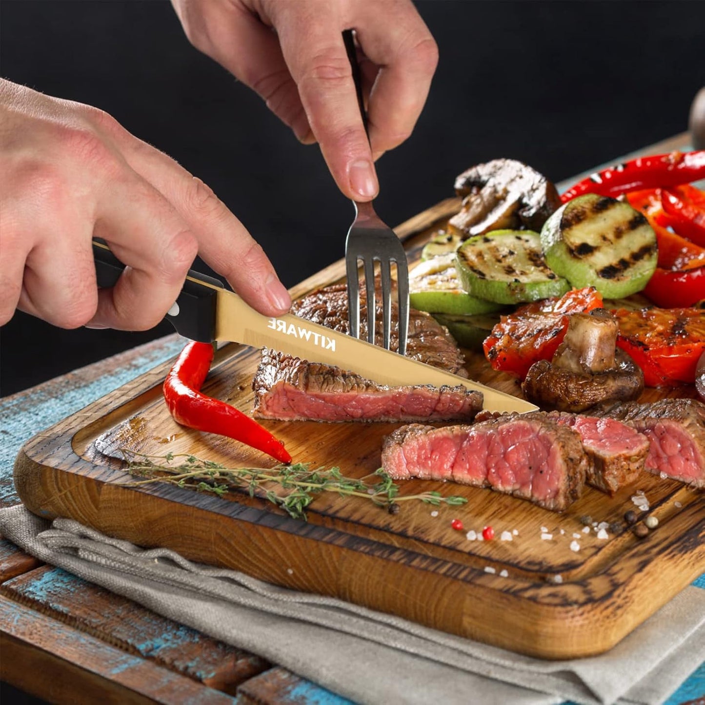 Gold Steak Knives Set of 6 pcs with Gift Box, 4.5 inch Stainless Steel Steak sets, Serrated Edge Metal Knife Sets for Dinner Table, Knife for Barbeque, Picnic, Camping, Hiking