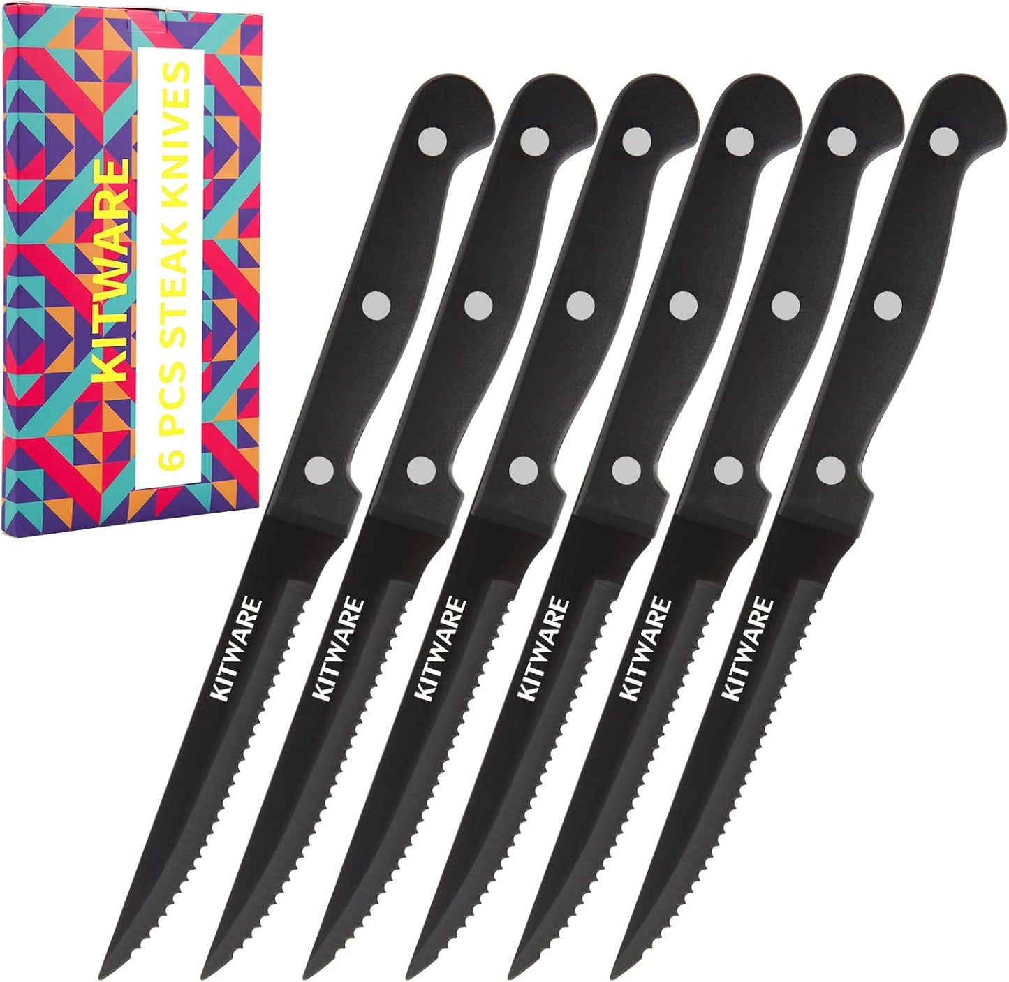 Gold Steak Knives Set of 6 pcs with Gift Box, 4.5 inch Stainless Steel Steak sets, Serrated Edge Metal Knife Sets for Dinner Table, Knife for Barbeque, Picnic, Camping, Hiking