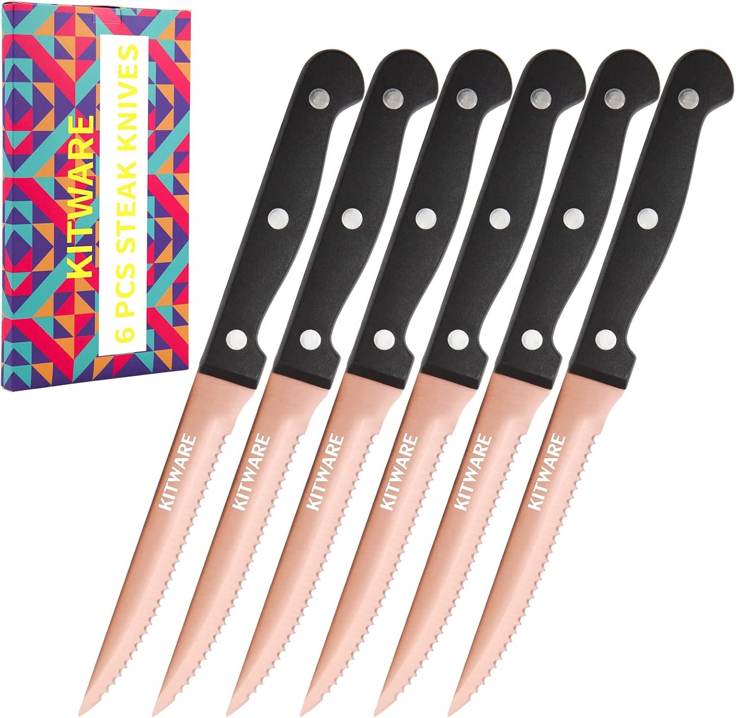 Gold Steak Knives Set of 6 pcs with Gift Box, 4.5 inch Stainless Steel Steak sets, Serrated Edge Metal Knife Sets for Dinner Table, Knife for Barbeque, Picnic, Camping, Hiking