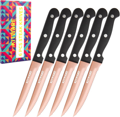Gold Steak Knives Set of 6 pcs with Gift Box, 4.5 inch Stainless Steel Steak sets, Serrated Edge Metal Knife Sets for Dinner Table, Knife for Barbeque, Picnic, Camping, Hiking
