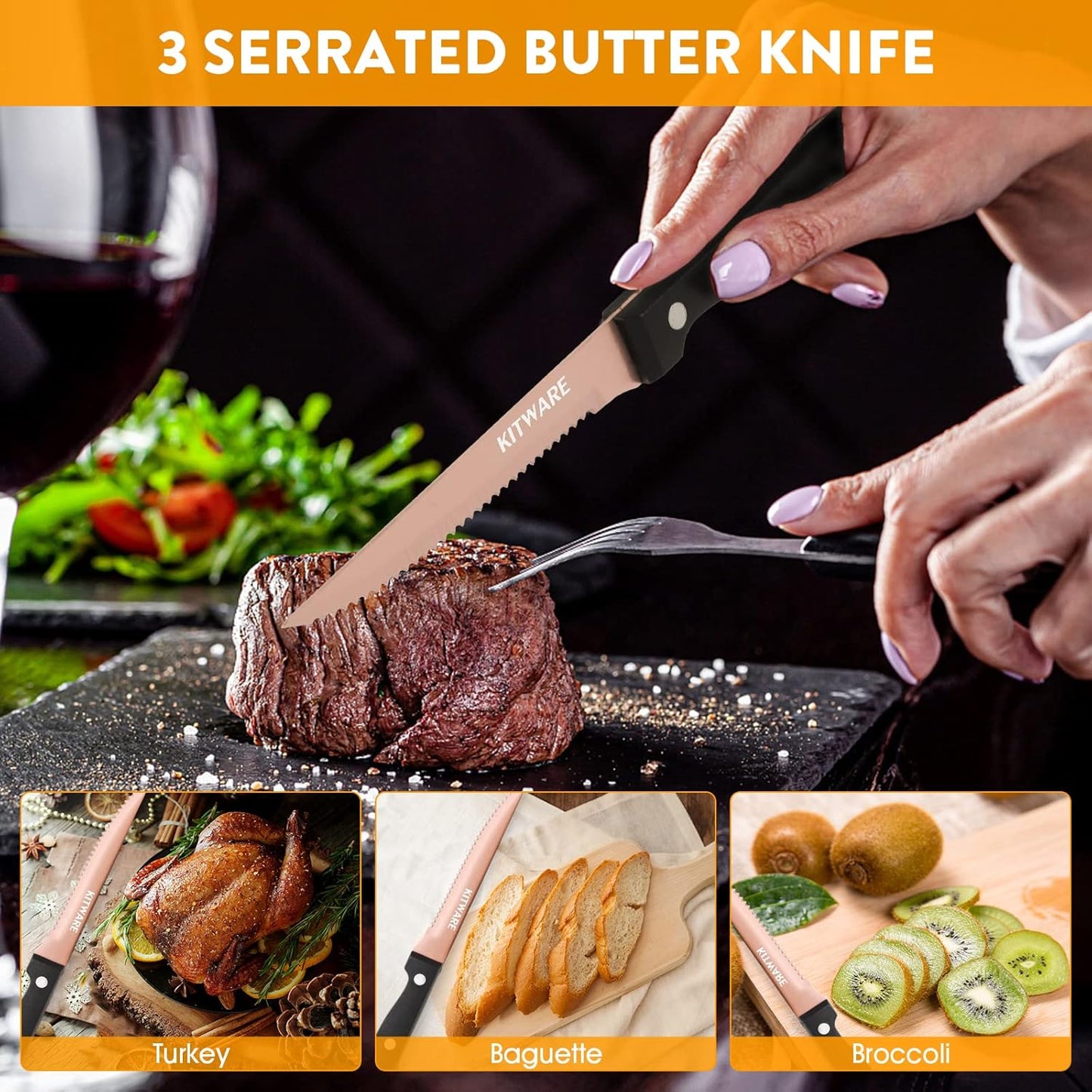 Gold Steak Knives Set of 6 pcs with Gift Box, 4.5 inch Stainless Steel Steak sets, Serrated Edge Metal Knife Sets for Dinner Table, Knife for Barbeque, Picnic, Camping, Hiking