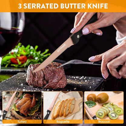 Gold Steak Knives Set of 6 pcs with Gift Box, 4.5 inch Stainless Steel Steak sets, Serrated Edge Metal Knife Sets for Dinner Table, Knife for Barbeque, Picnic, Camping, Hiking