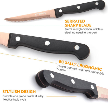 Gold Steak Knives Set of 6 pcs with Gift Box, 4.5 inch Stainless Steel Steak sets, Serrated Edge Metal Knife Sets for Dinner Table, Knife for Barbeque, Picnic, Camping, Hiking
