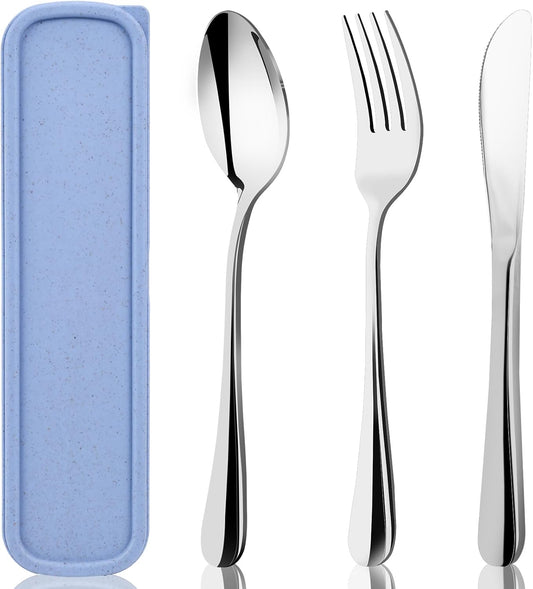 Stainless Steel Travel Utensil Set with Case, 4-Piece Portable Knife Fork Spoon Set for Lunch Box, Office, School & Outdoor Use