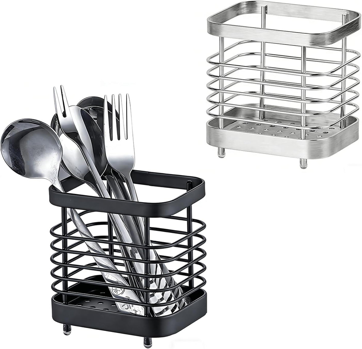 2 PCS Utensil Holder Stainless Steel Drying Rack Flatware Drainer Caddy | Kitchen Counter Cutlery Silverware Forks, Knives, Spoons, Chopsticks Organizer (Black, Silver)